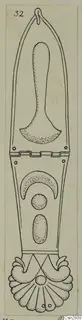 Drawing of bronze horse-trappings: an elongated plate with a loop at the top and a fan-shaped lower end.