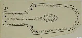 Drawing of a bronze horse-trapping: a flat, paddle-shaped plate with a leaf-shaped motif at its centre