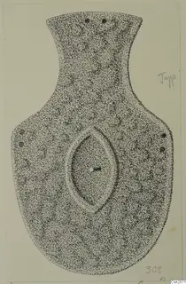 Drawing of bronze horse-trappings from Idalion: a flat plate with a central almond-shaped boss and rivet holes