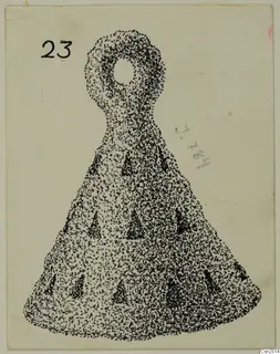 Drawing of a bronze horse-trapping from Idalion, bell-shaped with a loop at the top and triangular openings on the body.