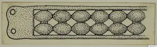 Ink drawing of a flat bronze horse-trapping strip with two holes at one end and a band of oval links