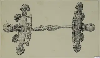 Drawing of bronze horse-trappings: two cheek-plates joined by a linked chain and bar, with shell-like terminals.