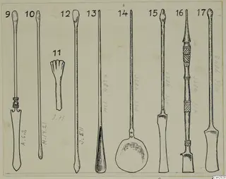 Drawing of several numbered bronze toilet implements and instrument-like tools, shown upright in a row