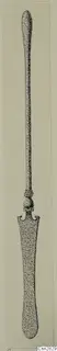 Drawing of a bronze toilet implement with a long slender shaft and a flat, broad blade