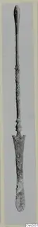 Long bronze implement with a slender shaft, a collar, and a flat, notched blade end