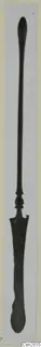 Long bronze implement with a rounded top end, a knobbed collar and a flat blade-like lower end.
