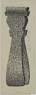 Stippled drawing of a bronze toilet requisite: a tall, narrow implement with collars and a widening base