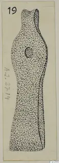 Stippled ink drawing of a bronze toilet requisite with a narrow neck, a round hole near the top and a broad flat base