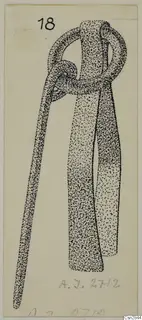 Stippled ink drawing of bronze toilet-requisites: a looped implement with two arms, on a pale card.