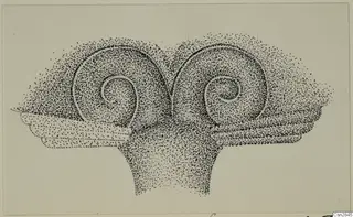Stippled drawing of a bronze object with two spiral scrolls on a stepped ledge and a tapering stem below.