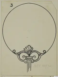 Drawing of bronze toilet-requisites: a large circle with a scrolled ornament at its base.