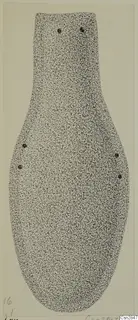 Stippled drawing of a flat metal object with a narrow top, a bulbous body and a rounded base, with five small dark marks.