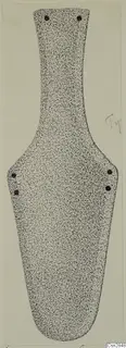 Stippled drawing of a flat bronze toilet requisite from Idalion, elongated with a narrow top and six rivet holes.