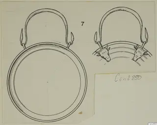 Pen drawing of a bronze disc-shaped object with a looped handle, in two views; the handle ends on the right are animal heads.
