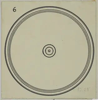 Line drawing of a round bronze toilet-requisite in plan view, with concentric rings and a central boss
