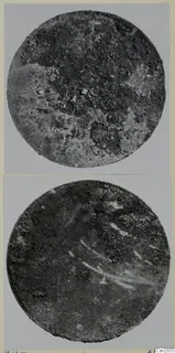 Two views of a round, corroded bronze mirror on a card mount