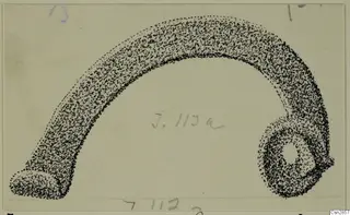 Stippled drawing of a bronze personal adornment: a thick curved band with a ring-shaped loop at its right end
