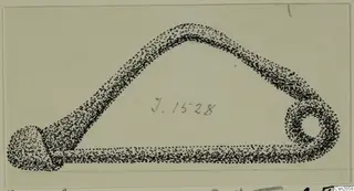 Stippled ink drawing of a bronze fibula from Idalion, arched bow with a coiled spring at one end