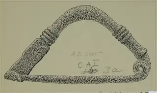 Drawing of a bronze personal adornment, an arched pin-type object with ribbed sections and a coiled end.
