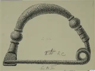 Drawing of a bronze personal adornment from Idalion, a bowed bar with two knobs and a looped terminal