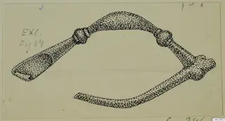 Stippled ink drawing of a bronze fibula, type I.