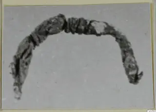 Dark, corroded metal object bent into an arc, with ribbed sections and a flared end, on a pale grey ground