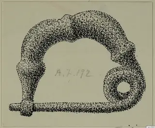 Stippled ink drawing of a bronze fibula from Amathus