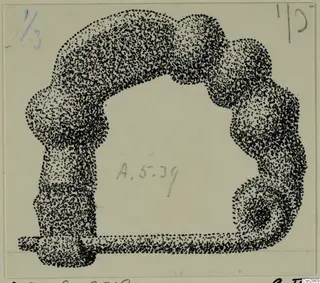 Stippled ink drawing of a bronze personal adornment from Amathus, shown as a thick irregular loop with a lumpy outline.