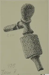 Stippled ink drawing of a bronze fibula from Idalion, shown on a pale card