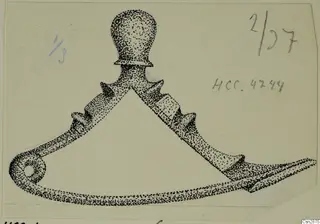 Stippled drawing of a bronze object with a knob at the top, ridged sections on each arm and a ring-shaped end at the left.