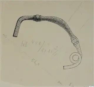 Field drawing of a bronze object: a bent rod with a spiral coil at one end, with a dimension line beside it.