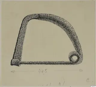 Drawing of a bronze bow-shaped personal adornment with a small loop at one end and a flattened terminal at the other.