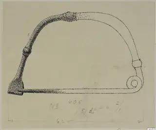 Drawing of a bronze object shaped like a bow or arch with a spiral end, with a dimension line below.