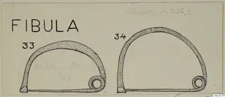 Drawing of two bronze personal adornments with arched bows and coiled ends, side by side on card.