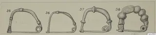 Ink drawing of four bronze pins with arched bows and spiral coils, set side by side on a card.