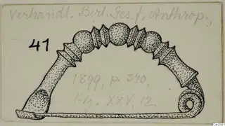 Pen drawing of a bronze bow-shaped object with knobs, ridged collars and a coiled spiral end