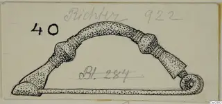 Ink drawing of a bronze bow-shaped object with ribbed bands, knobs and a coiled spring at one end