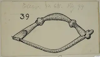Drawing of a bronze personal adornment: an open bow-shaped object with knobbed joints and pointed ends