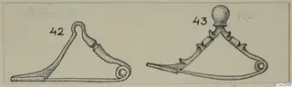 Drawing of two bronze brooches, one with a plain bow and one with a knobbed head and notched bow, each ending in a spiral coil