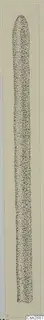 Drawing of a single elongated bronze object, shaded with dense stippling, shown upright on a cream sheet
