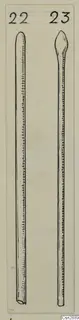 Pen drawing of two long slender pins side by side, each marked with a number label