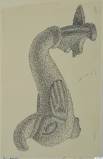 Stippled drawing of a bronze personal adornment from Soli, with a curved arm and flared head