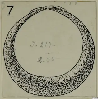 Ink drawing of a bronze ring-shaped bracelet with overlapping ends