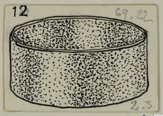 Ink drawing of a short cylindrical bronze object, shaded with stippling on a small card