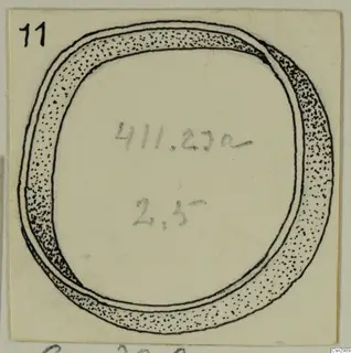 Drawing of a ring-shaped bronze object with a thick, stippled band, on a cream card.