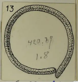 Drawing of an open ring-shaped object with a gap at the lower right.