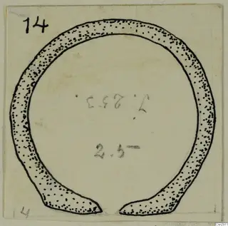 Drawing of an open bronze finger ring from Idalion, shaded with dense stippling and tapering at the gap.
