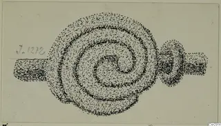 Stippled pen drawing of a bronze spiral-headed ornament with a long bar to one side.