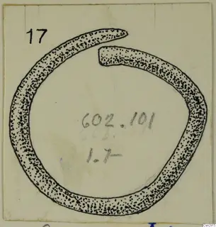 Drawing of a bronze open ring with a gap at the top, shaded with dots to show a solid section.