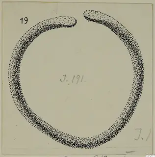 Drawing of a bronze ring-shaped object with a gap at the top, shaded in stippled ink.